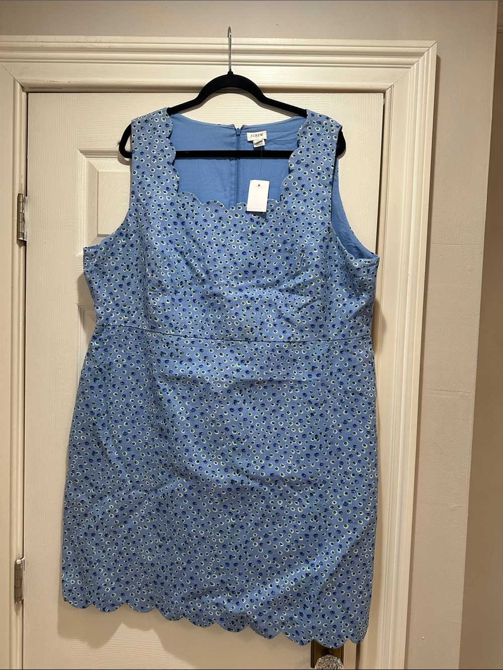 Sleeveless Blue Eyelet Scallop Sheath Dress